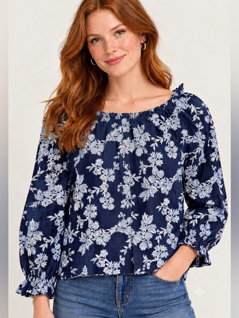 J.Crew Blouse Navy Blue Floral Long Sleeve Medium Ruffle Neck Cotton Boho Top
